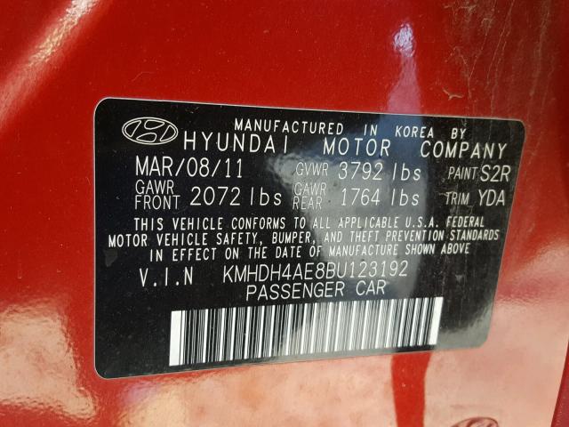 KMHDH4AE8BU123192 - 2011 HYUNDAI ELANTRA GL RED photo 10