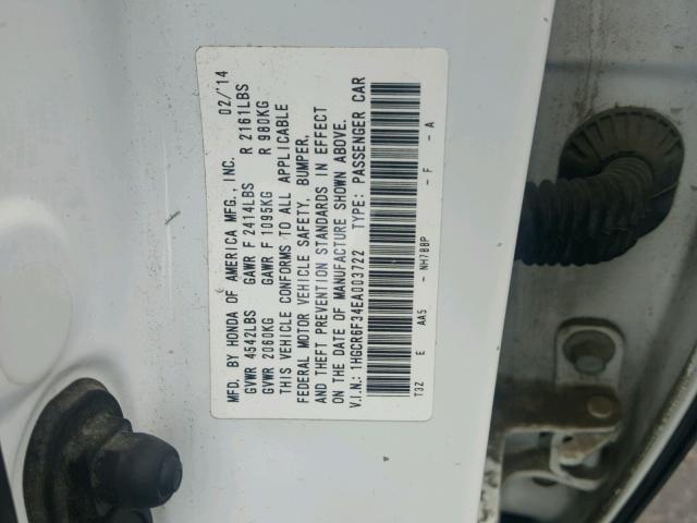 1HGCR6F34EA003722 - 2014 HONDA ACCORD HYB WHITE photo 10