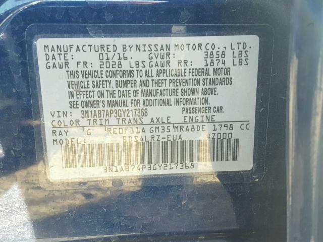 3N1AB7AP3GY217368 - 2016 NISSAN SENTRA S BLUE photo 10