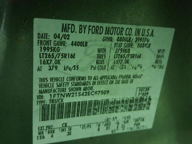 1FTNW21S42EC87509 - 2002 FORD F250 SUPER GRAY photo 10