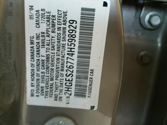 2HGES26774H598929 - 2004 HONDA CIVIC EX GOLD photo 10