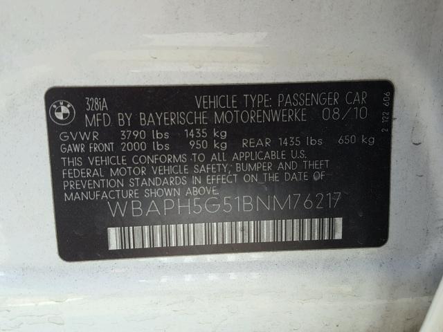 WBAPH5G51BNM76217 - 2011 BMW 328 I SULE WHITE photo 10