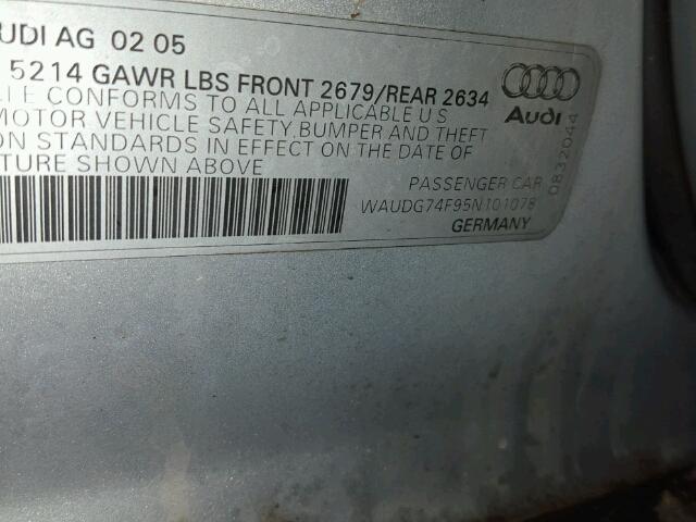 WAUDG74F95N101078 - 2005 AUDI A6 3.2 QUA SILVER photo 10