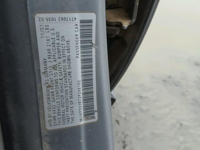 WVWPD63B72P248162 - 2002 VOLKSWAGEN PASSAT GLS GRAY photo 10