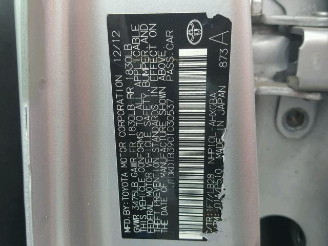 JTDKDTB39C1030537 - 2012 TOYOTA PRIUS C SILVER photo 10