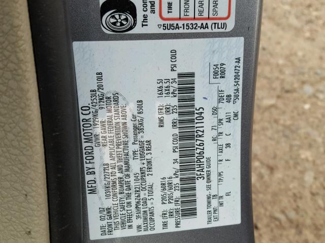 3FAHP06Z67R211045 - 2007 FORD FUSION S GRAY photo 10