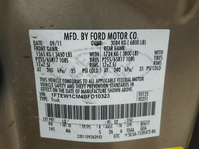 1FTEW1CM4BFD10323 - 2011 FORD F150 SUPER BROWN photo 10