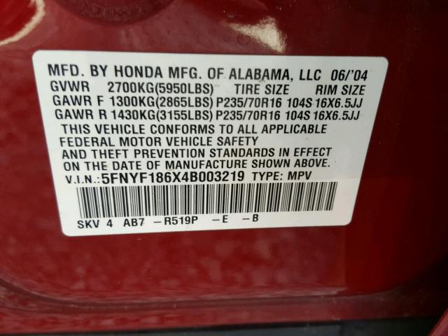 5FNYF186X4B003219 - 2004 HONDA PILOT EXL RED photo 10