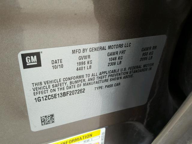 1G1ZC5E13BF207262 - 2011 CHEVROLET MALIBU 1LT 棕色 照片 10