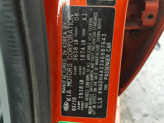 KNADH4A33A6687643 - 2010 KIA RIO LX Կարմիր լուսանկար 10