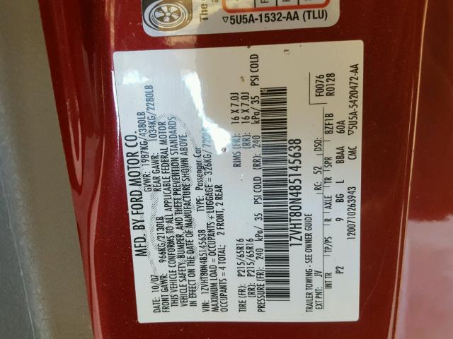 1ZVHT80N485145638 - 2008 FORD MUSTANG RED photo 10