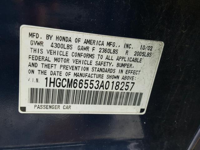 1HGCM66553A018257 - 2003 HONDA ACCORD EX BLUE photo 10