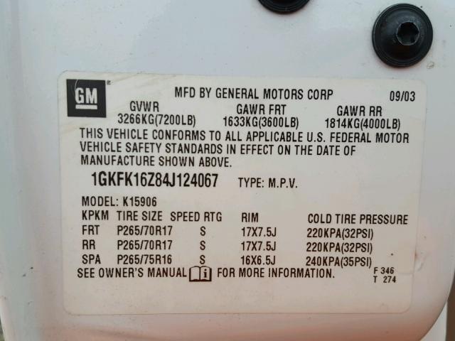 1GKFK16Z84J124067 - 2004 GMC YUKON XL K WHITE photo 10