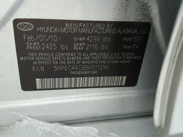 5NPEC4AC8BH011296 - 2011 HYUNDAI SONATA SE SILVER photo 10