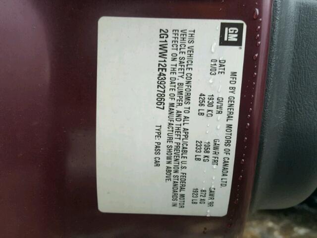 2G1WW12E439278667 - 2003 CHEVROLET MONTE CARL 栗色 照片 10