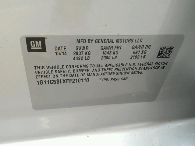 1G11C5SLXFF210118 - 2015 CHEVROLET MALIBU 1LT 银色 照片 10