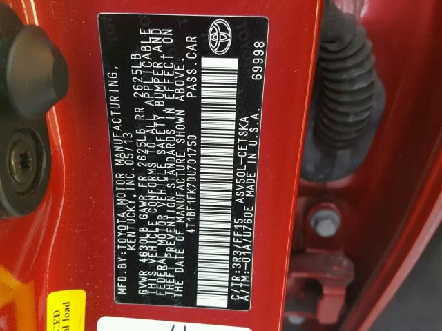 4T1BF1FK7DU701750 - 2013 TOYOTA CAMRY L RED photo 10