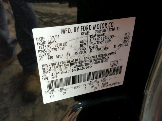 2FMDK3J99CBA57970 - 2012 FORD EDGE SEL BLACK photo 10