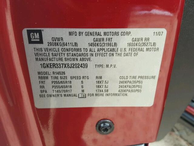 1GKER337X8J202439 - 2008 GMC ACADIA SLT ბურგუნდია ფოტო 10