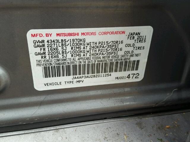 JA4AP3AU2BZ011254 - 2011 MITSUBISHI OUTLANDER GRAY photo 10