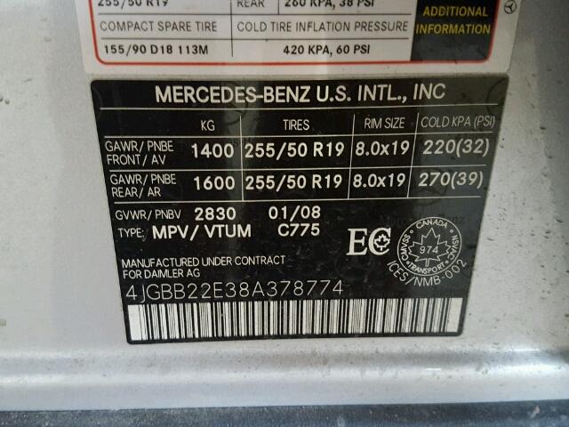 4JGBB22E38A378774 - 2008 MERCEDES-BENZ ML 320 CDI SILVER photo 10