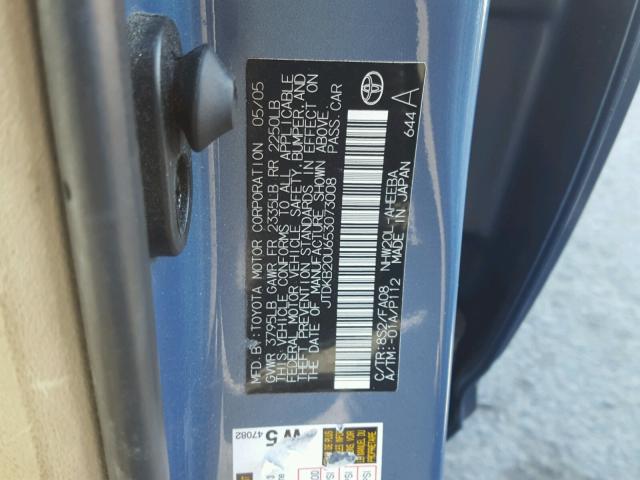 JTDKB20U653073008 - 2005 TOYOTA PRIUS BLUE photo 10