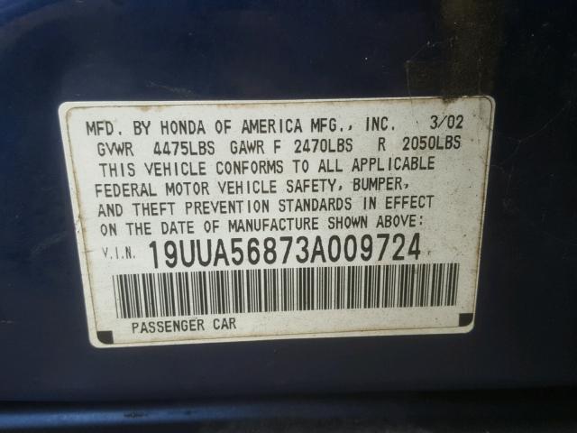 19UUA56873A009724 - 2003 ACURA 3.2TL TYPE BLUE photo 10