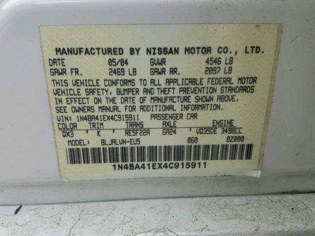 1N4BA41EX4C915911 - 2004 NISSAN MAXIMA SE WHITE photo 10