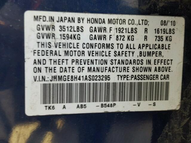 JHMGE8H41AS023295 - 2010 HONDA FIT SPORT BLUE photo 10