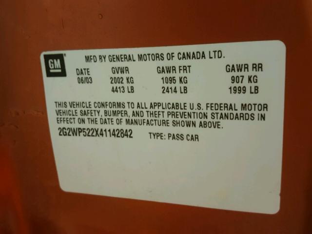 2G2WP522X41142842 - 2004 PONTIAC GRAND PRIX ORANGE photo 10