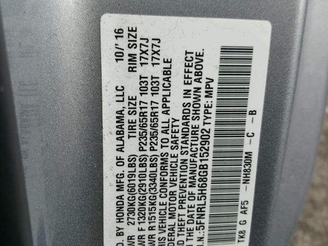 5FNRL5H68GB152902 - 2016 HONDA ODYSSEY EX SILVER photo 10