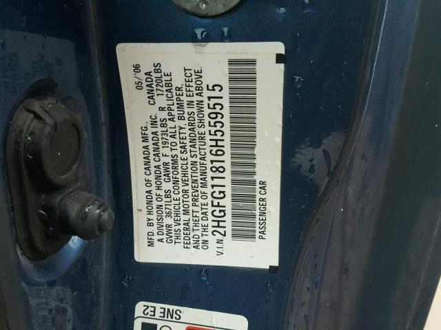 2HGFG11816H559515 - 2006 HONDA CIVIC EX ლურჯი ფოტო 10