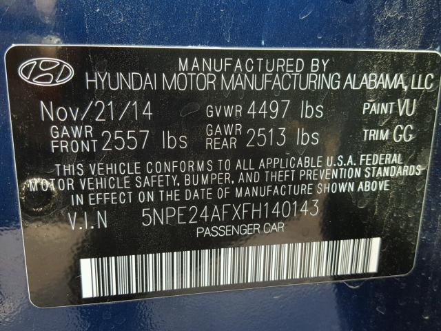 5NPE24AFXFH140143 - 2015 HYUNDAI SONATA SE BLUE photo 10