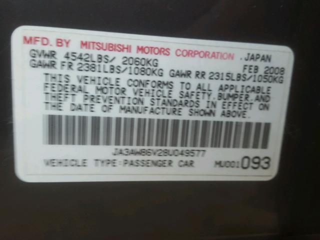 JA3AW86V28U049577 - 2008 MITSUBISHI LANCER EVO GRAY photo 10