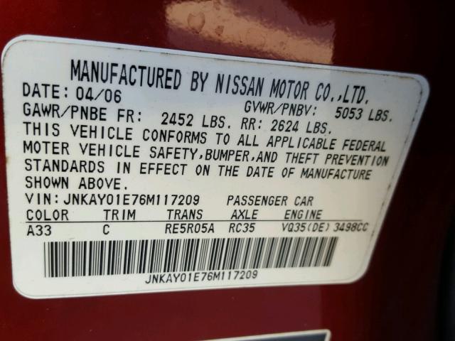 JNKAY01E76M117209 - 2006 INFINITI M35 BASE RED photo 10