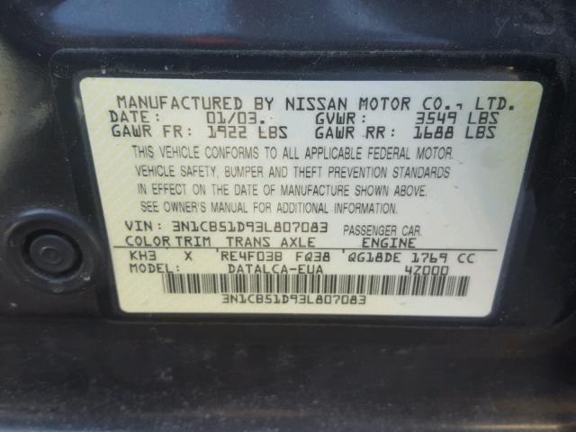 3N1CB51D93L807083 - 2003 NISSAN SENTRA XE BLACK photo 10