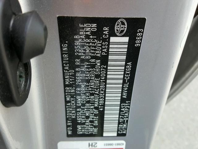 4T1BB3EK2BU140072 - 2011 TOYOTA CAMRY HYBR SILVER photo 10