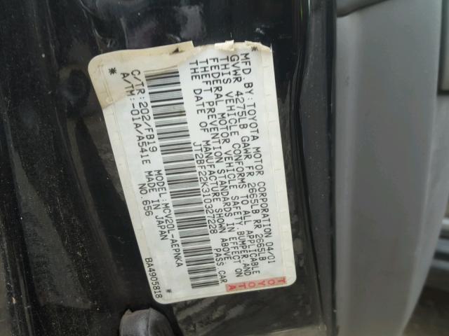 JT2BF22K310327228 - 2001 TOYOTA CAMRY CE BLACK photo 10