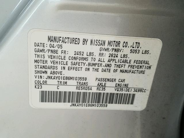 JNKAY01E86M103559 - 2006 INFINITI M35 BASE SILVER photo 10