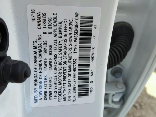 2HGFC2F76GH577852 - 2016 HONDA CIVIC EX თეთრი ფოტო 10