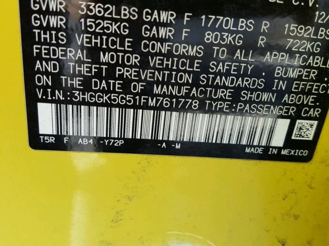 3HGGK5G51FM761778 - 2015 HONDA FIT LX Желтый фото 10