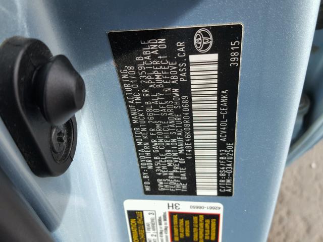 4T4BE46K08R040689 - 2008 TOYOTA CAMRY CE BLUE photo 10