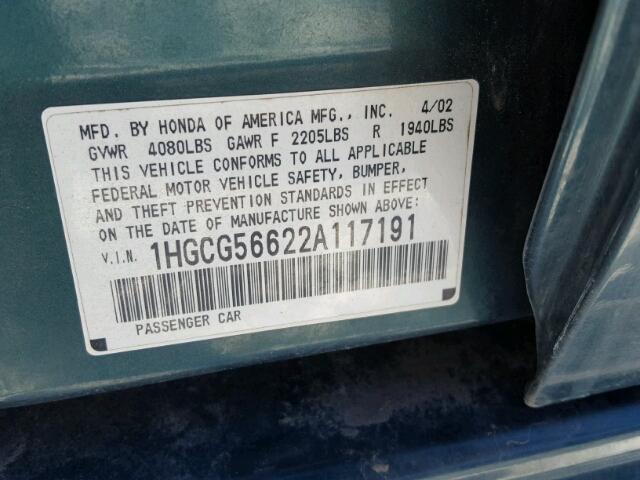 1HGCG56622A117191 - 2002 HONDA ACCORD EX GREEN photo 10