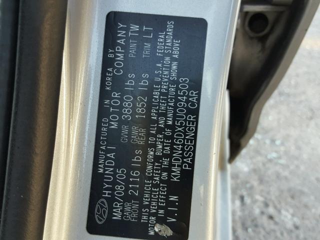 KMHDN46DX5U094503 - 2005 HYUNDAI ELANTRA GL SILVER photo 10