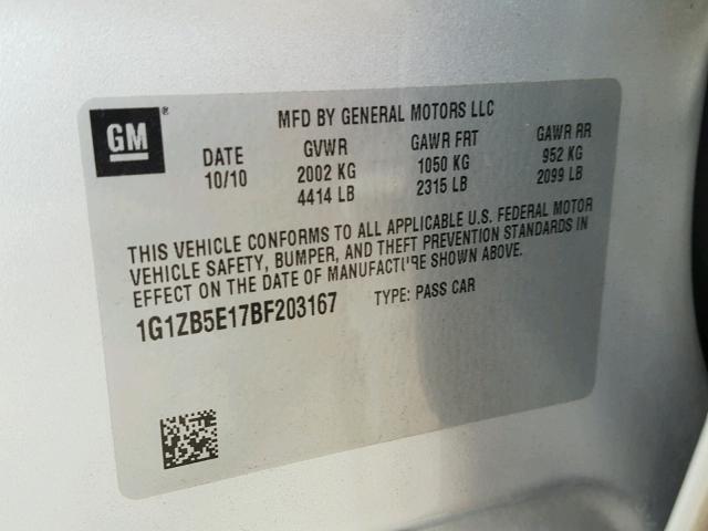 1G1ZB5E17BF203167 - 2011 CHEVROLET MALIBU LS ნაცრისფერი ფოტო 10