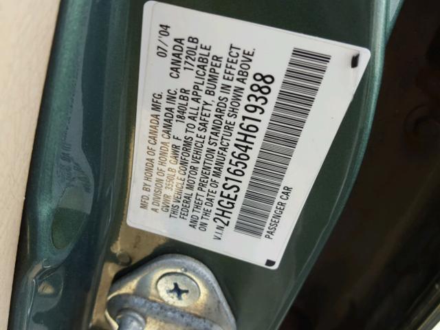 2HGES16564H619388 - 2004 HONDA CIVIC LX GREEN photo 10