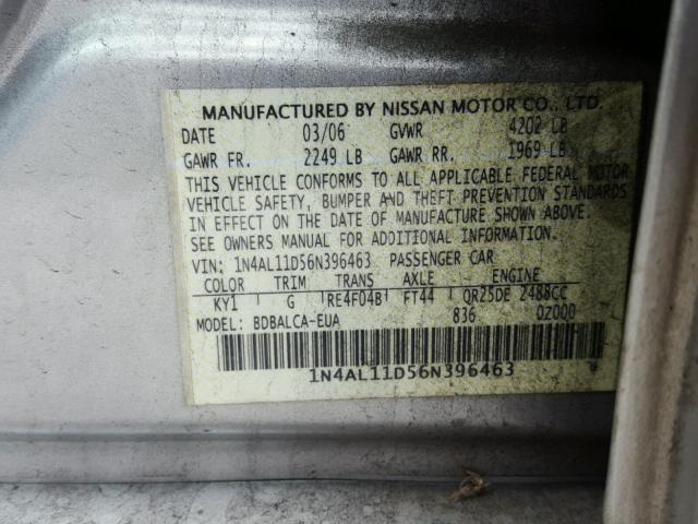 1N4AL11D56N396463 - 2006 NISSAN ALTIMA S SILVER photo 10