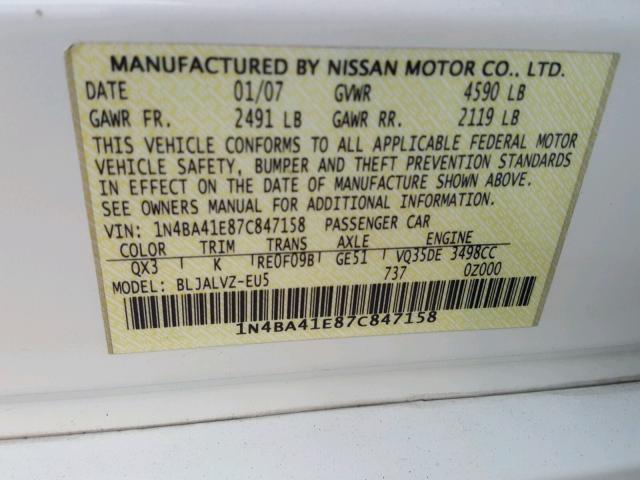 1N4BA41E87C847158 - 2007 NISSAN MAXIMA SE WHITE photo 10