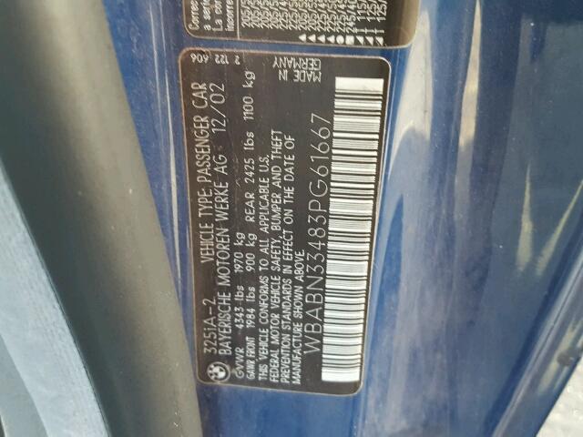 WBABN33483PG61667 - 2003 BMW 325 CI BLUE photo 10
