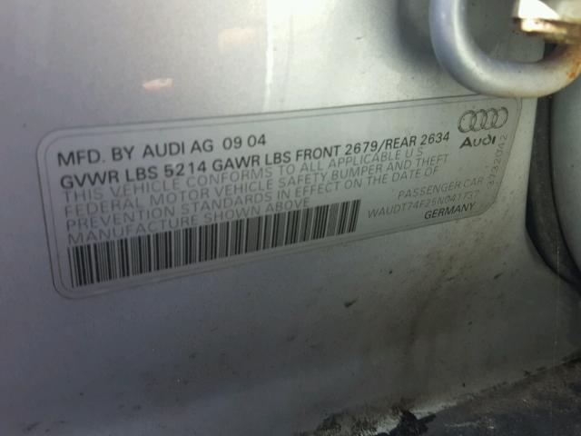 WAUDT74F25N041737 - 2005 AUDI A6 3.2 QUA SILVER photo 10